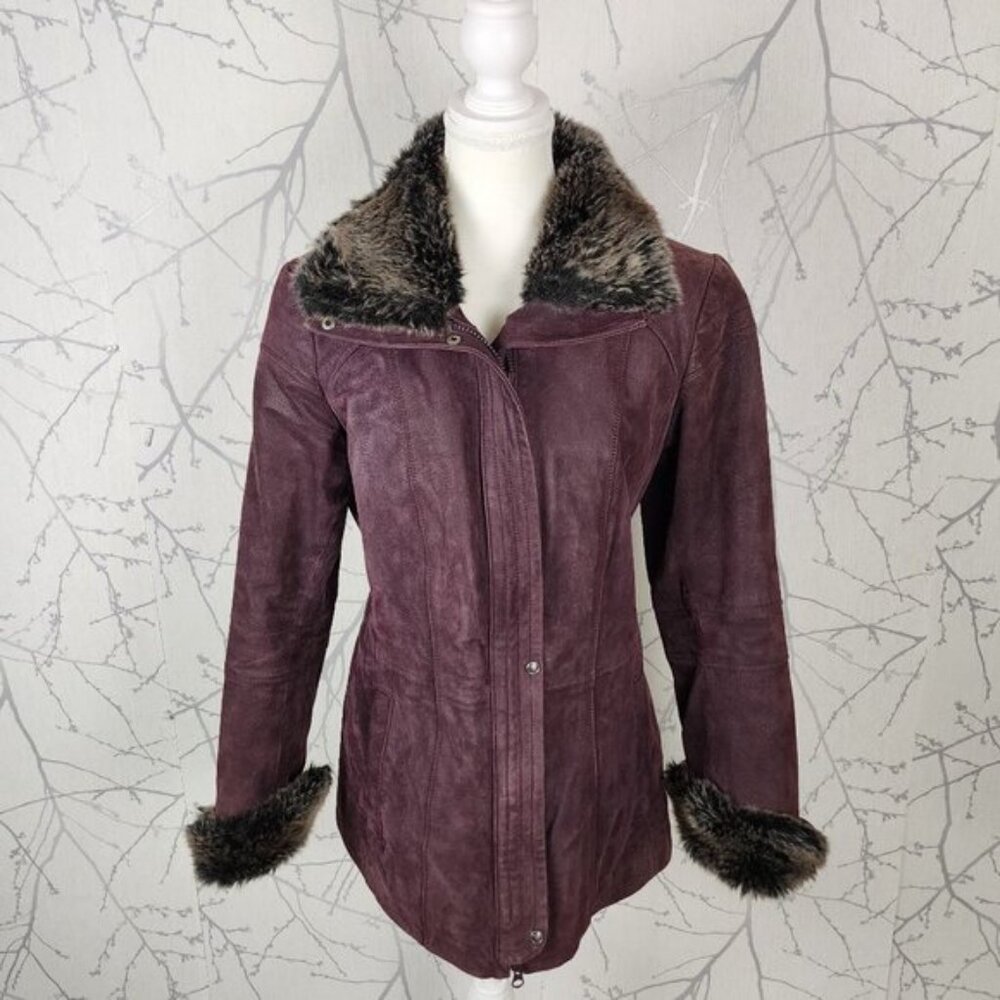 Danier Purple Suede Nubuck Faux Fur Trim Full Zip Moto Jacket